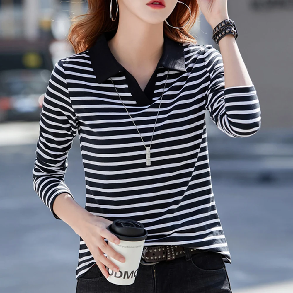 European Station Long sleeved T-shirt Women\'s Spring and Autumn New High end Light Luxury Fashion Large Size Striped Polo Top