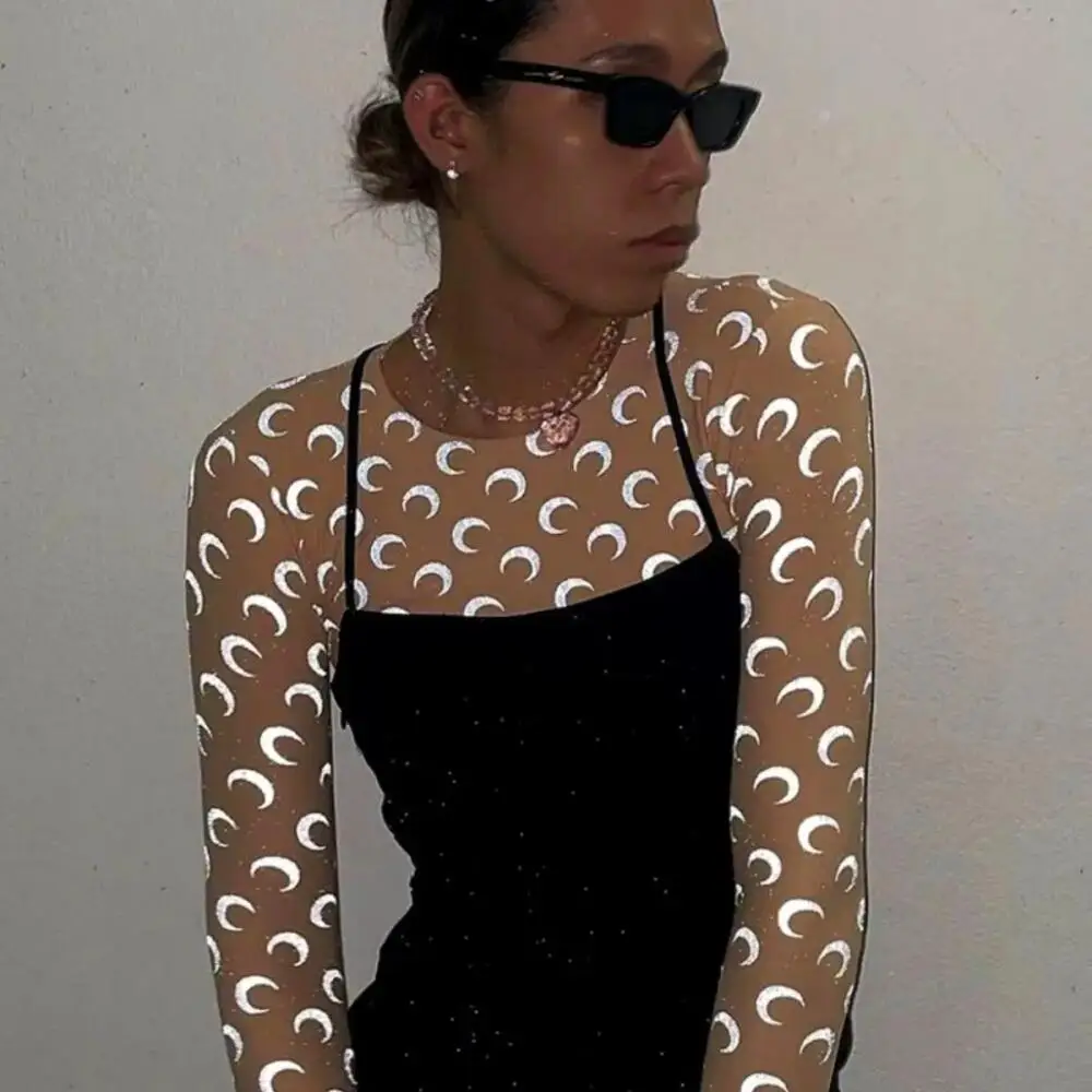 

Women Tshirt Long Sleeve New High Street Fashion Night Vision Reflective Moon Print Korean Autumn Sun Protection Slim Fit Top