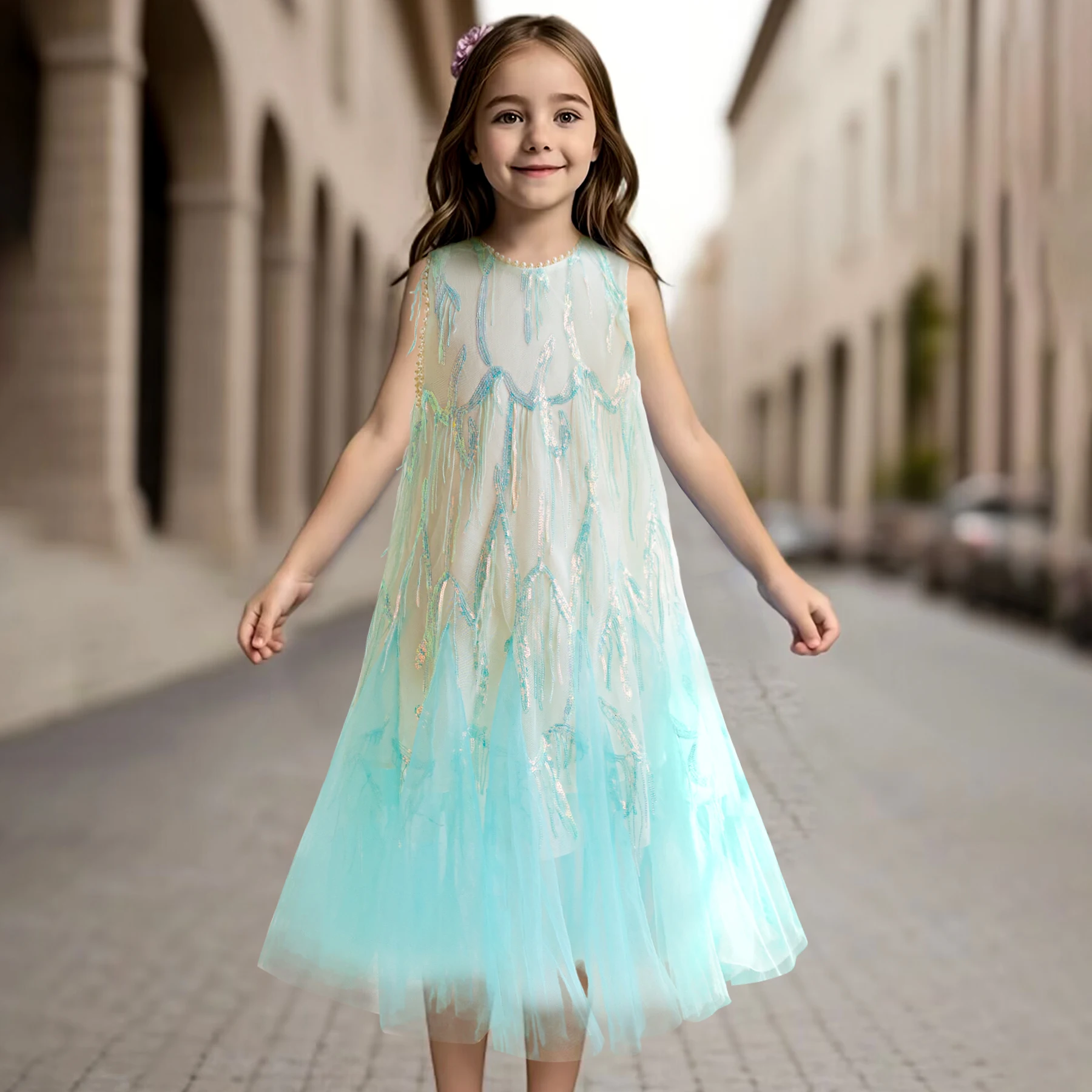 blue  summer sleeveless sweet girl\'s dress,  beautiful bead decoration neckline dress tassel sequined princess dress,