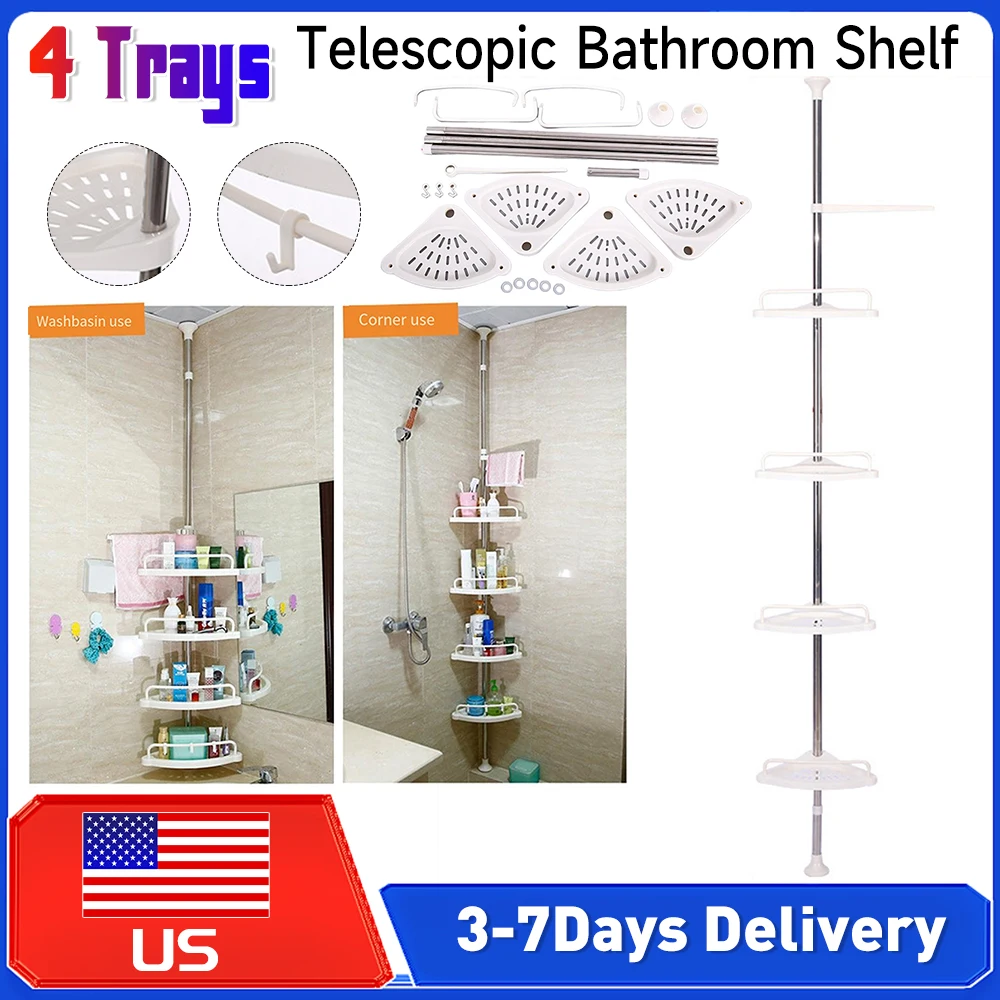 

Угловая полка-органайзер для ванной на 4 уровня, телескопическая, без сверления, из нержавеющей стали, регулируемая, для душа, напольная/потолочная