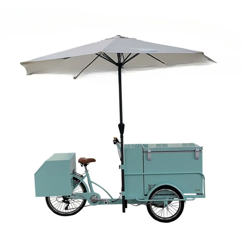 Human pedal tricycle refrigerator car street scene stall ice cream cold drink
