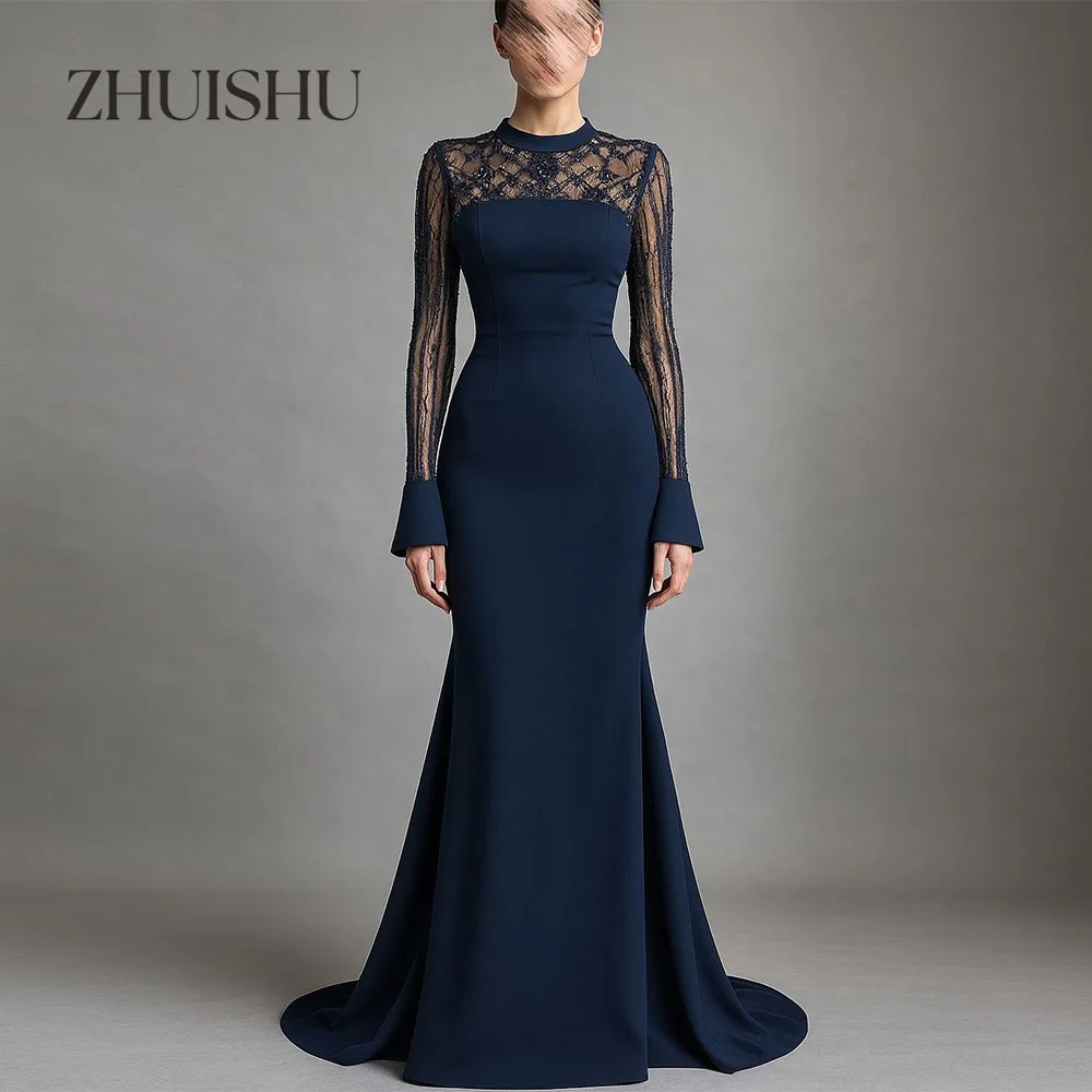 

ZHUISHU Темно-синие вечерние платья с высоким воротником и длинными рукавами, полурусалка, длинные платья для выпускного вечера, платья для официальных мероприятий по индивидуальному заказу