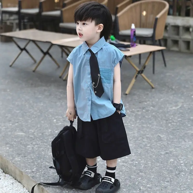 

Summer Fashion Baby Boys Kids Blue Short sleeve Shirt Tie+Shorts 2pcs Children Set Casual Sportswear Streetwear Handsome Suits