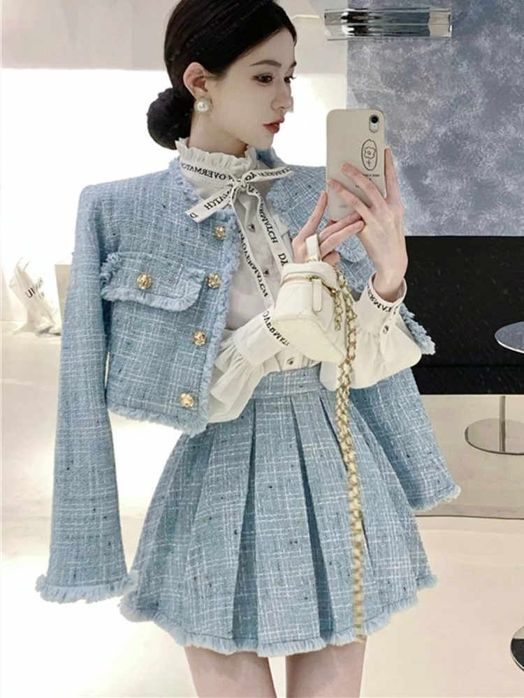 High Quality Fashion Tassel Design Small Fragrance 2 Piece Sets Women Outfit Long Sleeve Short Jacket Coat + Pleated Skirt Suits