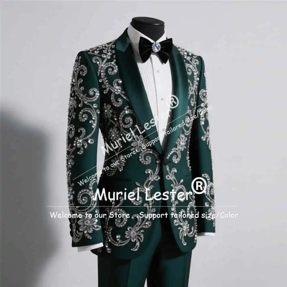 Exclusive Groom Wedding Tuxedo Suit 2 Piece Sets Rhinestone Sequin Prom Blazer Formal Wear Shawl Lapel Jacket Pants Man Clothing