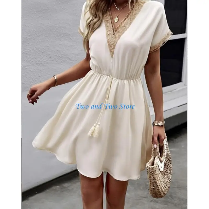 HX6F Lace Trim V Neck Short Sleeve Drawstring Waist Midi Dress Women's Summer Outfit