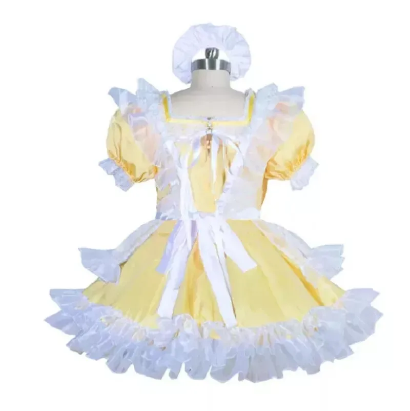 Sissy Französisches Dienstmädchen, gelbes Satin, kurzärmelig, abschließbar, mehrschichtiges Spitzenkleid mit Rüschen, Dienstmädchen-Cosplay-Kostüm, anpassbar