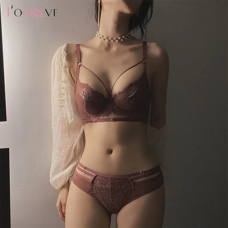 Logirlve Sexy Lingerie Ultra-thin Cup For Women underwear Classic Bandage Bra Set Push Up Brassiere Lace Plus Size Underwear Set