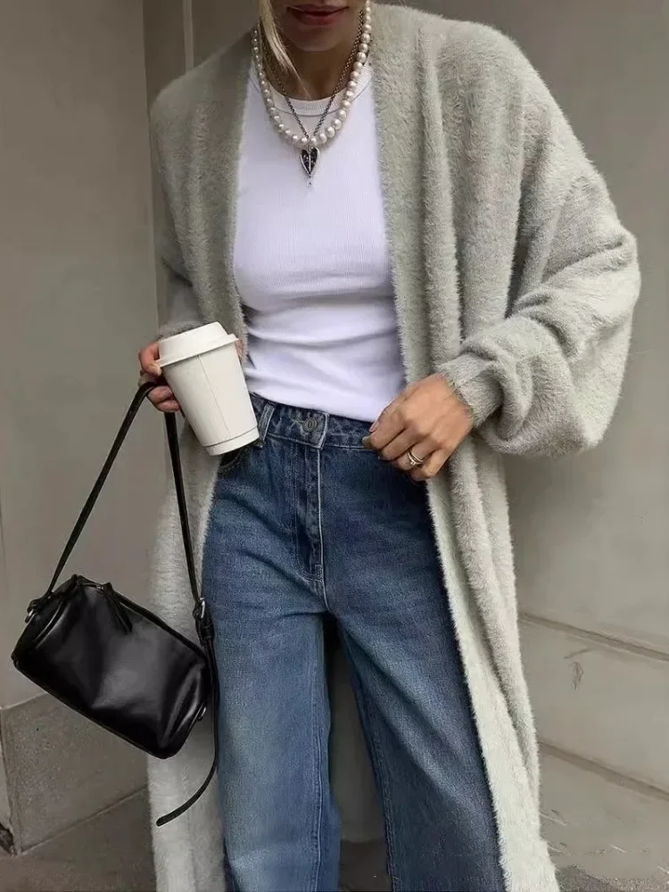 Cardigan lungo Oversize per donna 2024 autunno manica lunga maglione da donna Vintage solido Cardigan lavorato a maglia sciolto femminile soffice