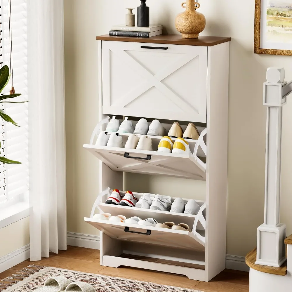 

Farmhouse Shoe Cabinet for Entryway with 3 Flip Drawers, 3 Tier Freestanding, Slim Narrow Shoe Organizer Cabinet for Entryway