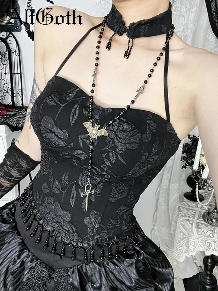 

AltGoth китайский стиль готический жилет женский винтажный Fairycore гранж эстетический Y2k подол с кисточками и открытой спиной Холтер укороченные топы на бретелях женские