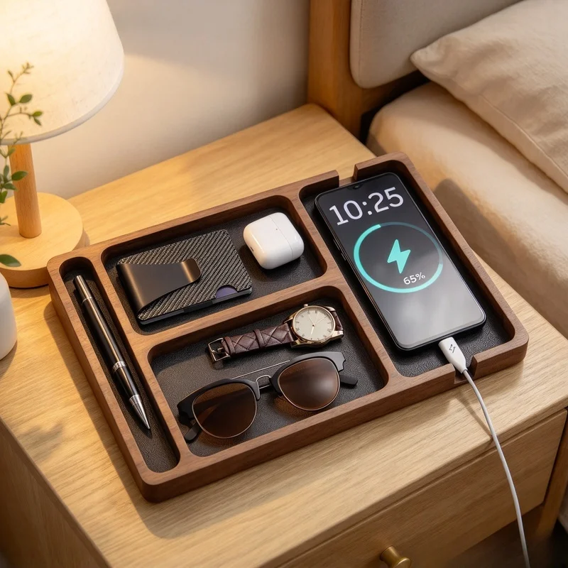 Solid Wood Desktop Storage Tray with Separators, Multi-functional Desk Organizer for Mobile Phone Earphones Small Items