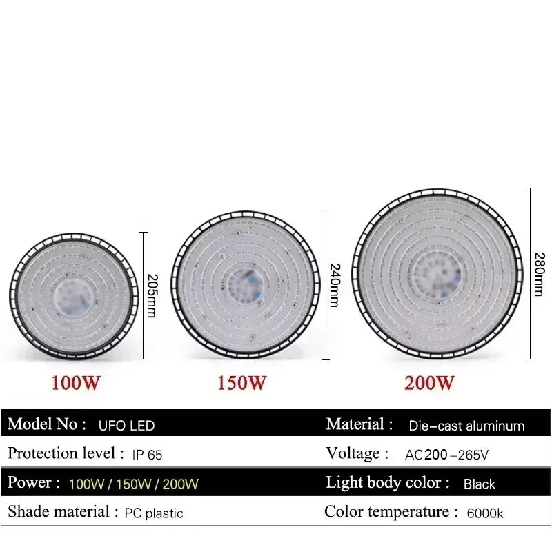 Imagem -02 - Super Bright Ufo Led High Bay Lights Impermeável Comercial Mercado Industrial Armazém Garagem Oficina Lâmpadas 100 w 150 w 200w