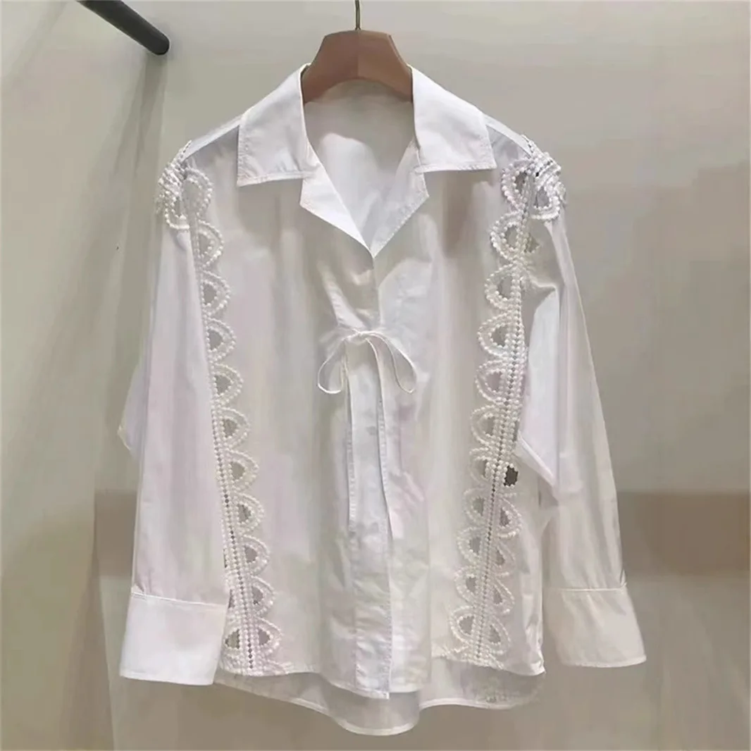 

Loose Women's Shirt Fashionable Belted Half-Moon Pattern Hollow out White Cotton Long Sleeve Button-Up Spring Summer 2025