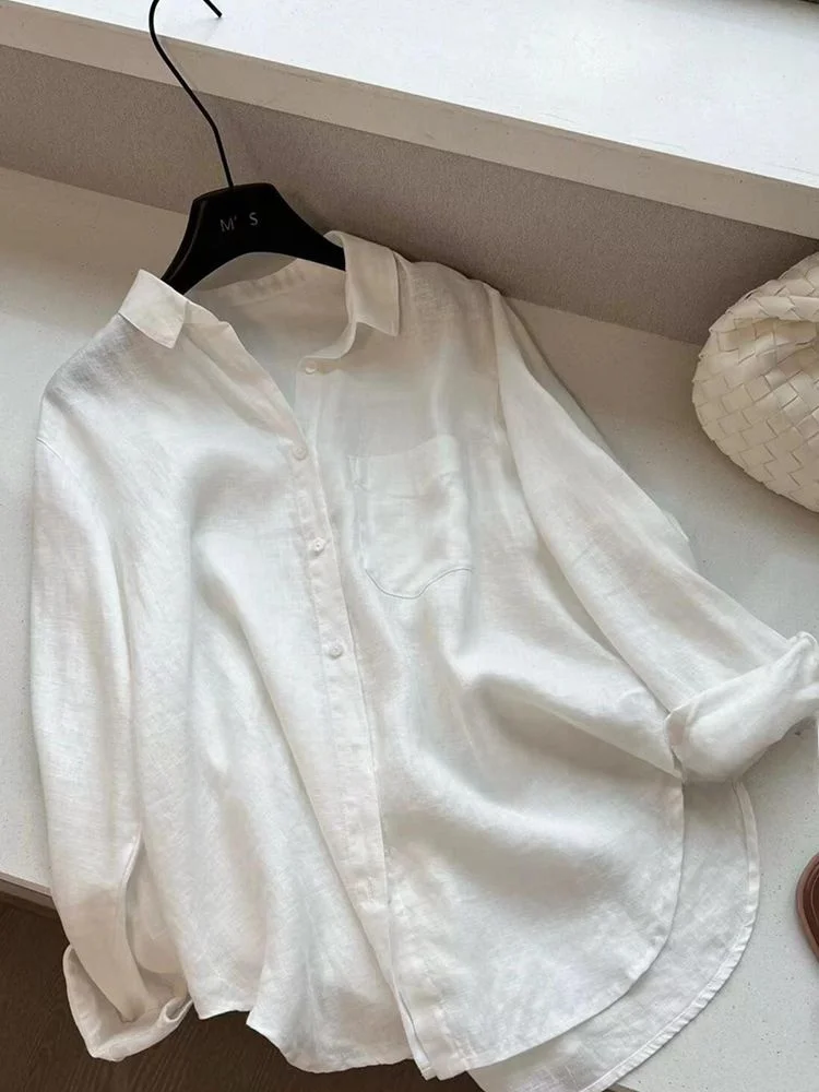 موصى به! قميص نسائي كاجوال من الحرير والكتان بياقة، أبيض اللون، تصميم ربيعي جديد على الطراز الكوري، قصة مستقيمة بأكمام طويلة