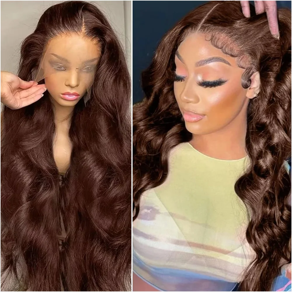 # 4 perruque avant en dentelle marron chocolat 13x6 Transparent HD dentelle frontale 100% couleur vague de corps perruques de cheveux humains pré-plumés 200 densité