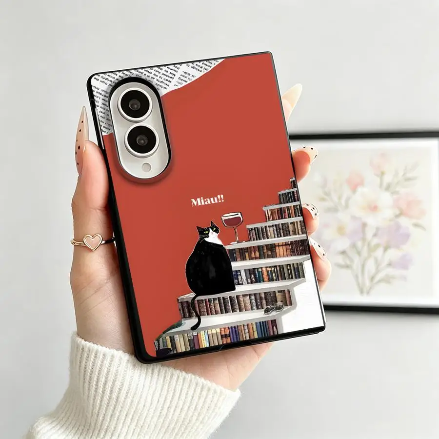 Red Wall Cat Art Luxury Phone Cover Case for Samsung Galaxy Z Fold 8 ZFold Wide Z Fold8 Wide ZFold8