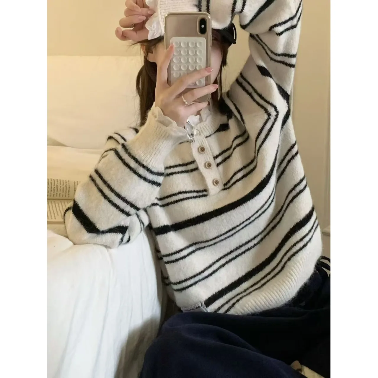 

Женский вязаный свитер Sweet Youthful с цветочным принтом Све в полоску с воротником на пуговицах Long Sve Top Commute Sle Зимняя коллекция