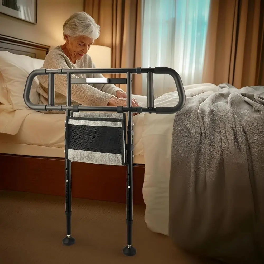 Elderly Safety Bed Rails with Adjustable Height and Extended Legs, Wider Handrail Support