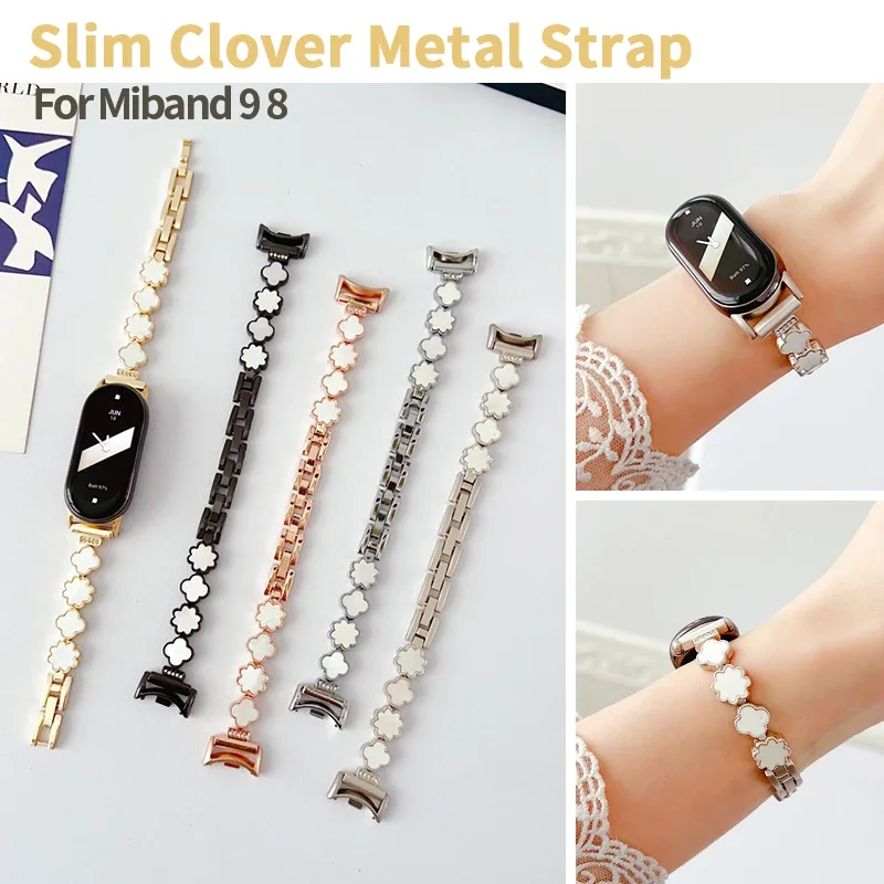 New Clover Metal Strap for Xiaomi Band 9 8 Women Stainless Link Bracelet for Mi Band 8 9 Replacement Smart Wristband Accessories