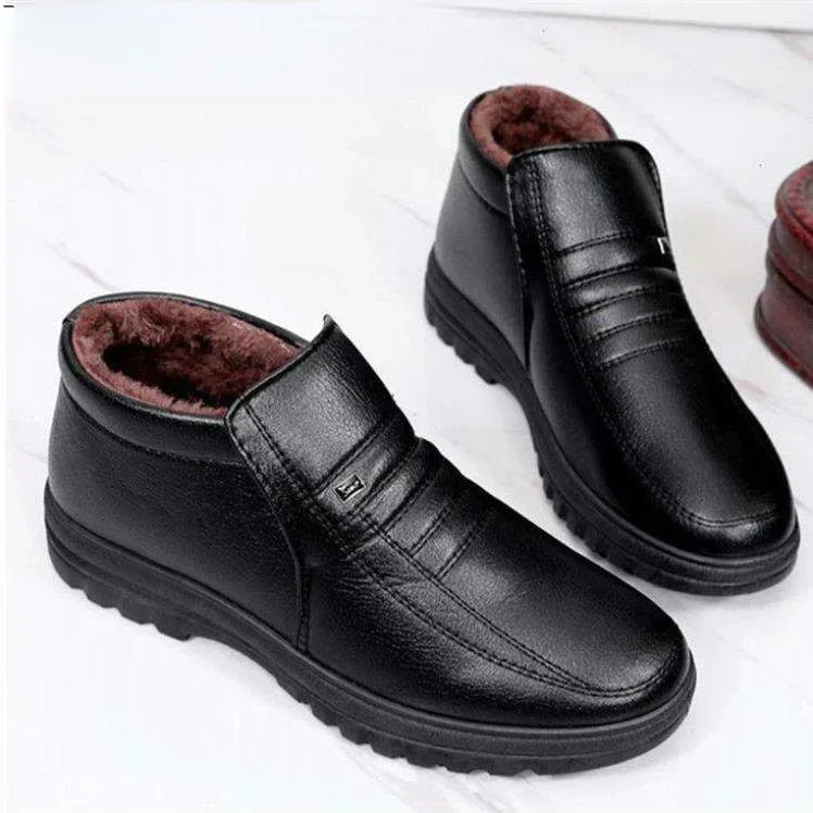 Winter Waterproof Men's Casual Leather Shoes Flannel High Top Slip-on Male Casual Shoes Rubber Warm Winter Shoes for Mens