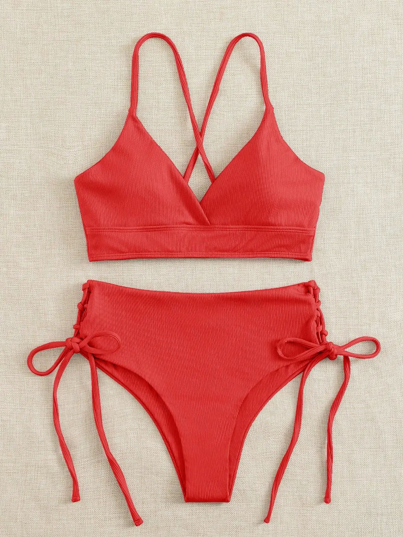 

2025 new bikini solid color backless crossover sexy mature seaside surf suit