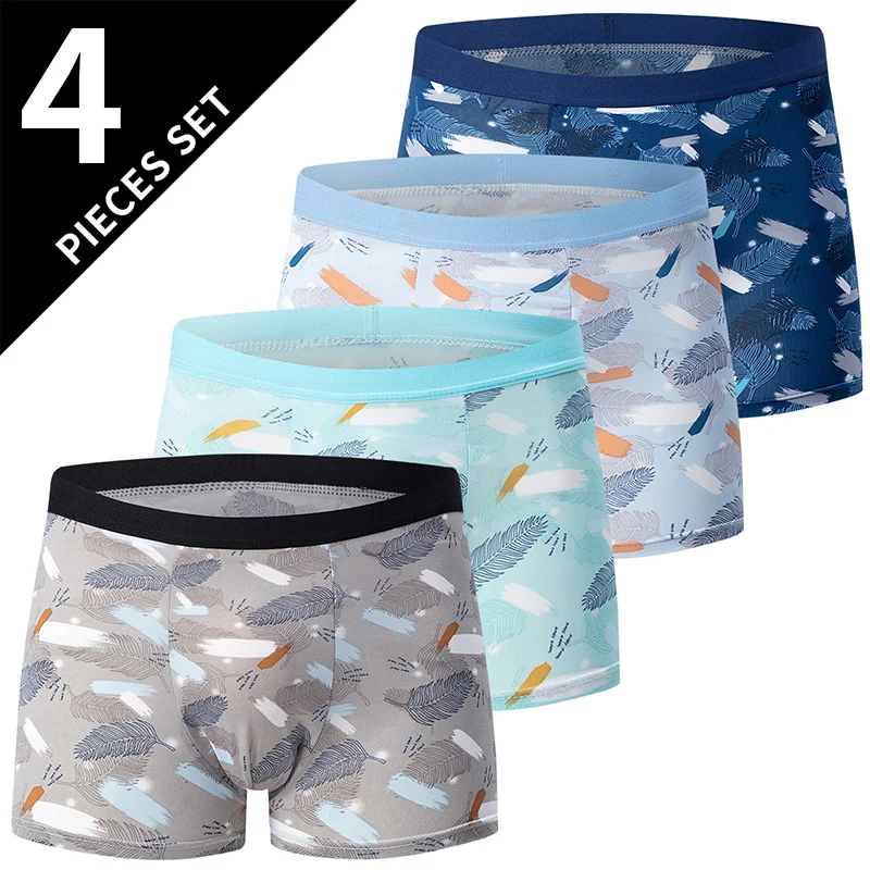 

4-piece Men's Underwear With Feather Print Youth Quick Drying Sporty And Comfortable Plus Size Casual Boxer Shorts Trendy