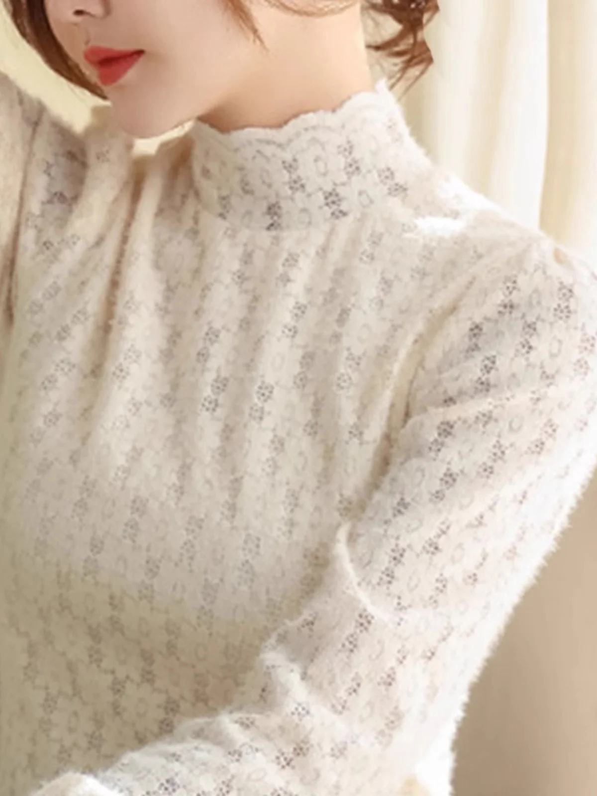 Fce Lined Long Sve Lace Base irt 2024 New Autumn Winter Inner Wear Unique Ele High Collar Semi High Ne Top