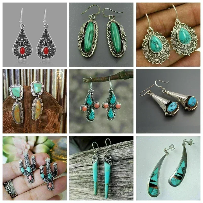 Classic Hippie Jewelry Vintage Indian Tribal Green Resin Dangle Earrings for Women Bohemian Big Long Hollow Drop Ear for Women