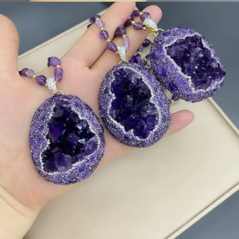 Dainty Natural Amethyst Oval Beaded Stone Necklace for Women Healing Crystal Pendent Energy Fashion Jewelry Necklace Wholesale