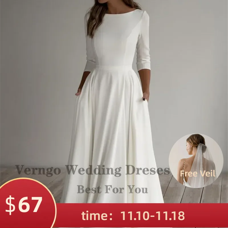 Verngo Simple Wedding Dress Long Sleeves A Line Crepe Boat Neck Elegant Bridal Dresses With Pockets Plus Size Customized