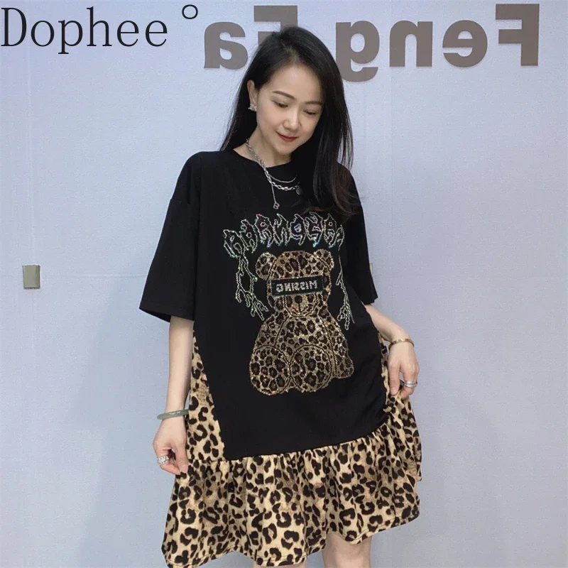 Leopard Colorblock Short Sleeve Dress 2025 New Summer Fashion O-neck Loose Pullover Top Cute Bear Hot Drilling Mid-long T-shirt