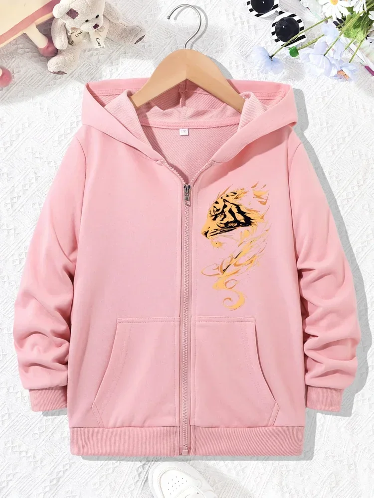 Kids Girls Dynamic Golden Tiger Flame Zip Hooded Coat Loose Long Sleeve Outdoor Street Style Outer Top