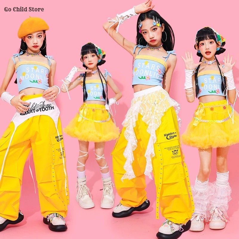 Girls Sweet Crop Top Hip Hop Candy Colors Skirts Cargo Pants Kids K-pop Streetwear Children Jazz Costume Girl Group Clothes Sets