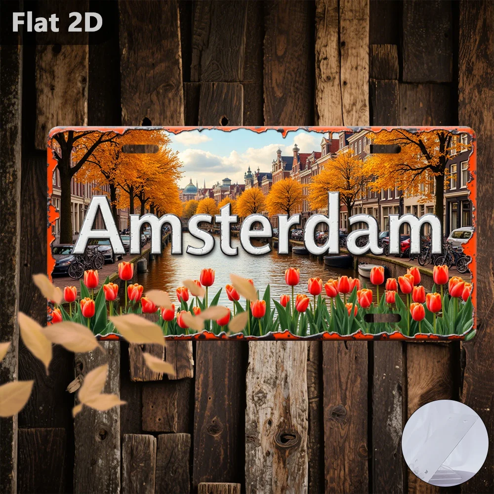 2D Flat,Only for Decoration Decor,Amsterdam Canal with Tulips,Retro Home Decor,License Plate Shaped,Gifts for Family and Friends