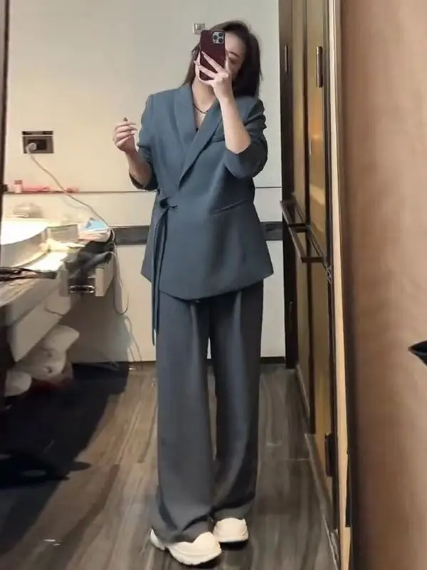 

Slimming Wide Leg Pants Two Piece Set Loose Age Defying Spring Autumn plus Size Women's Fashion Brand Button Suit Ensemble