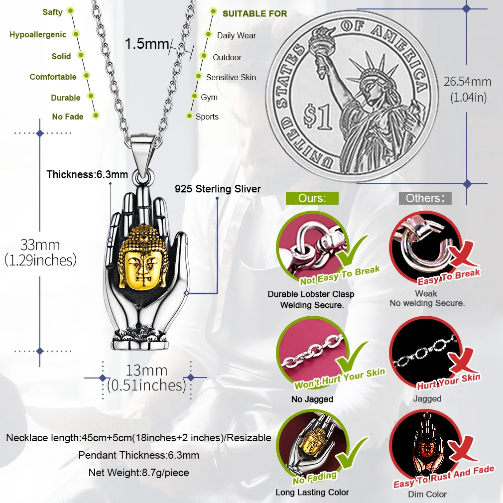 U7 النحاس Abhaya Mudra لفتة اليد 925 فضة بوذا رئيس قلادة قلادة 18 بوصة سلسلة للجنسين البوذية مجوهرات هدية #3