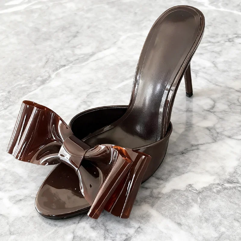 

Роскошные коричневые тапочки на каблуке из ПВХ с украшением в виде банта для женщин, сексуальные элегантные шлепанцы с открытой спиной, модельерские женские туфли на высоком каблуке
