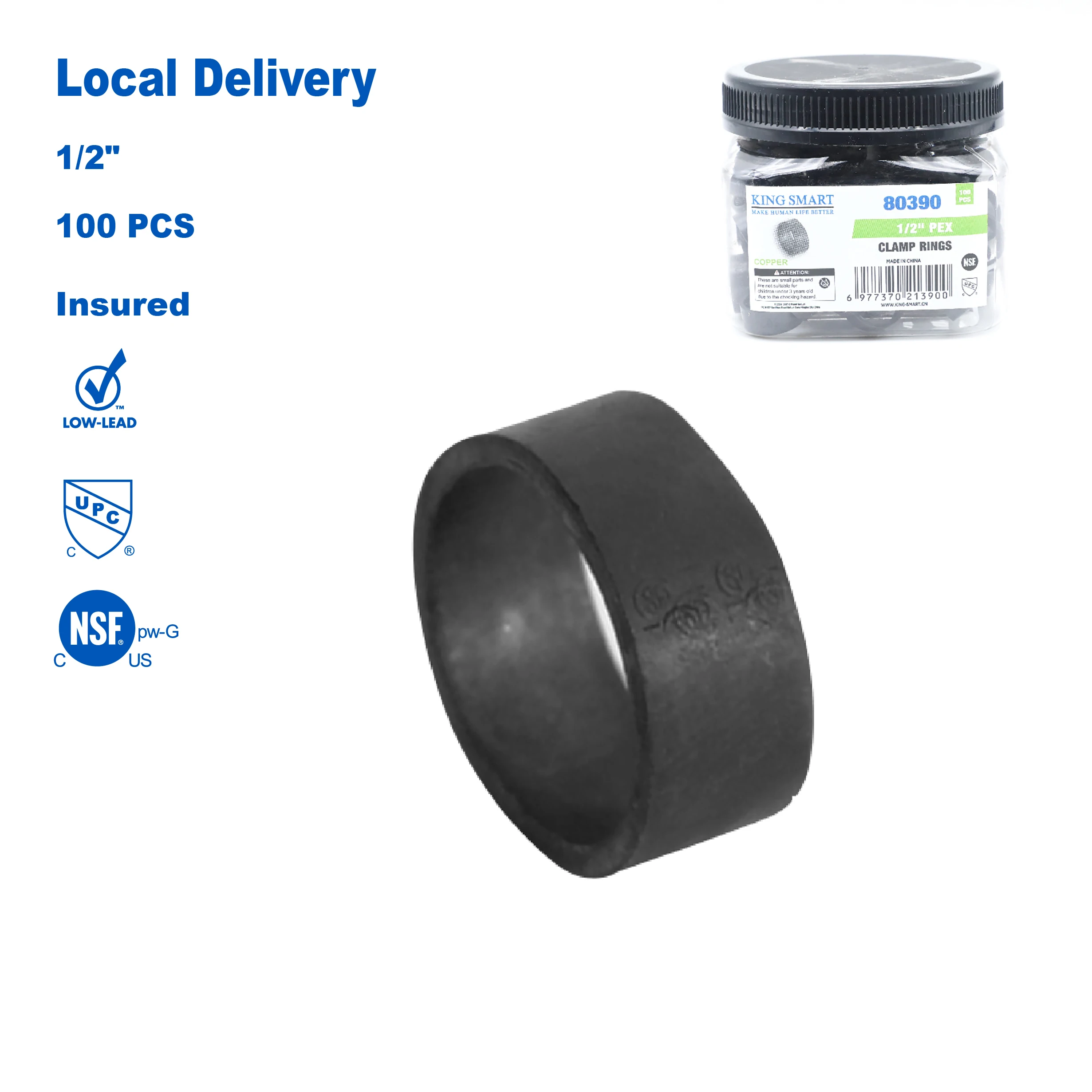 

KING SMART 1/2" PEX Copper Ring CUPC NSF Lead Free Certified; Suitable for PEX B/C Pipe, PERT Pipe; 100Pcs; 80390