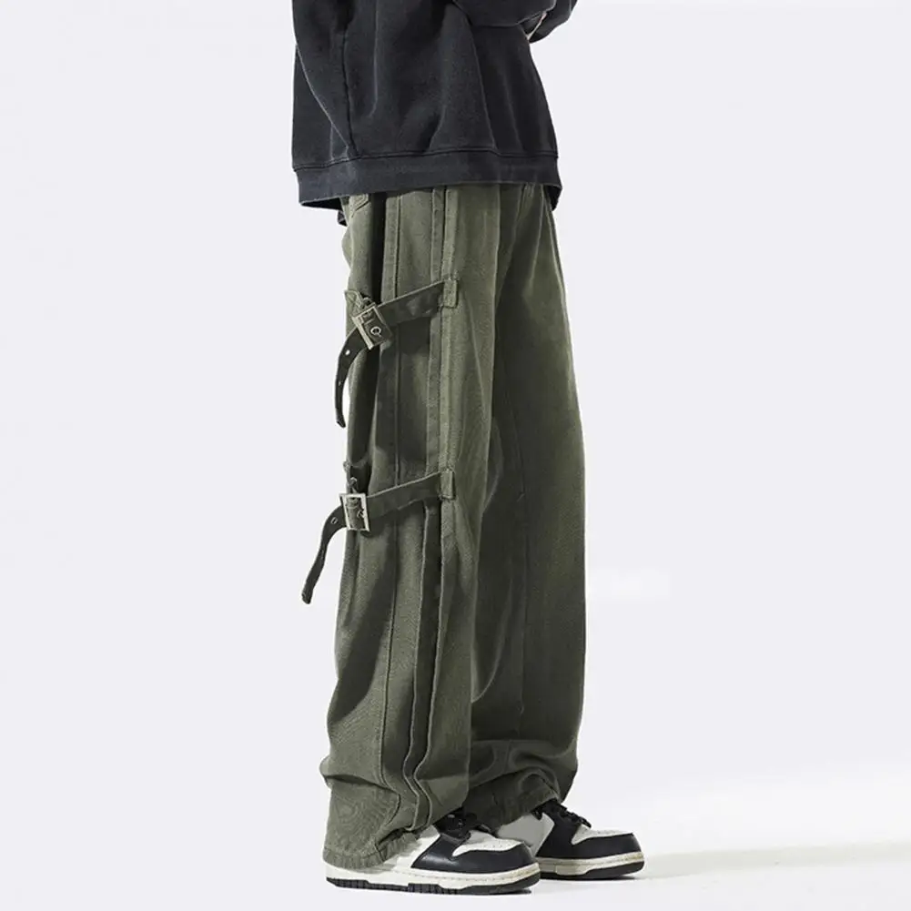 Solid Color Casual Cargo Pants Men Mid-rise Side Buckle Design Straight Wide Leg Long Trousers Male Long Casual Pants