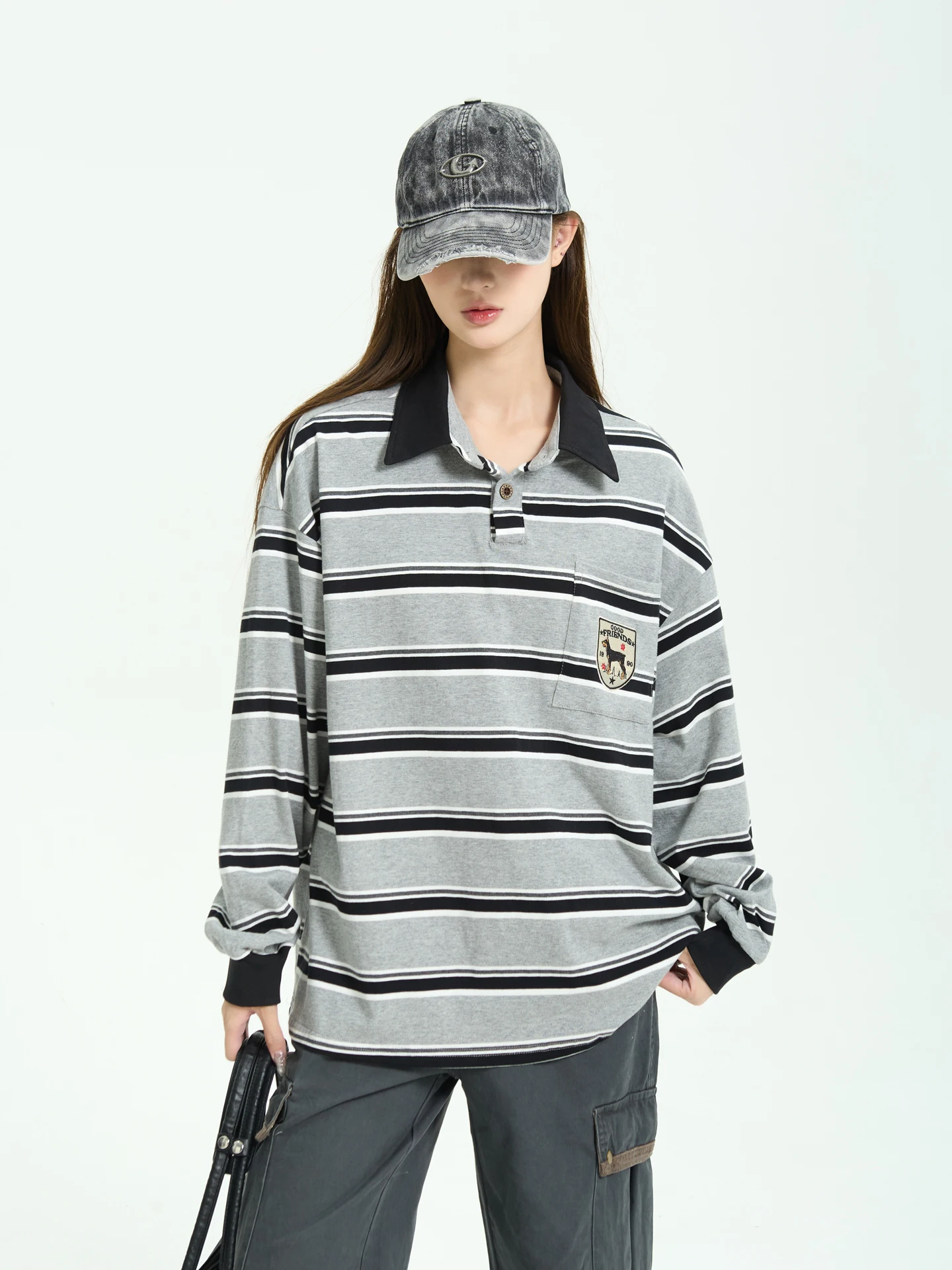 

Свободная женская футболка с длинным рукавом в стиле колор-блок, полосатая, в американском ретро-стиле, модная осенняя одежда