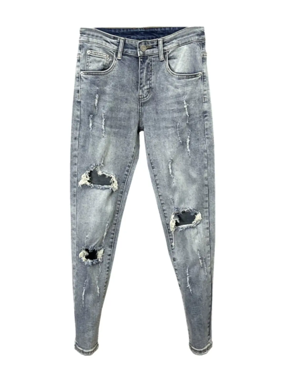 ربيع الخريف جديد الضوء الأزرق الركبة ممزق الجينز الرجال سليم صالح أقدام صغيرة سروال شكل قلم رصاص شارع العليا متسول السراويل صديقها الجينز #6