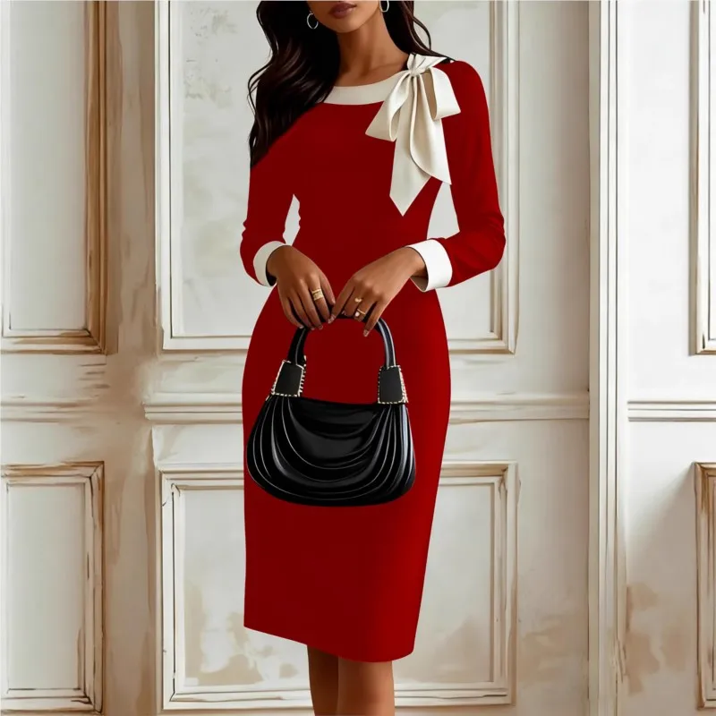 Seksowna Elegancka Dopasowana Sukienka Bodycon z Dekoltem O, Długim Rękawem, Ozdobnymi Wstawkami, Jednolita, Modna Sukienka Wieczorowa na Imprezę, Długość do Kolan