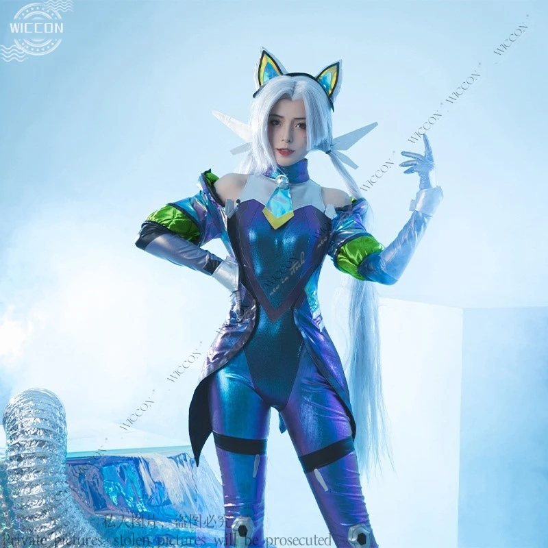 Jinx-Combinaison Cosplay de Chat Fantôme pour Femme, Perruque Longue de 110cm, Vêtements de Sauna, Oreille de Chat, Jeu LOL, Roleplay Rick Skin