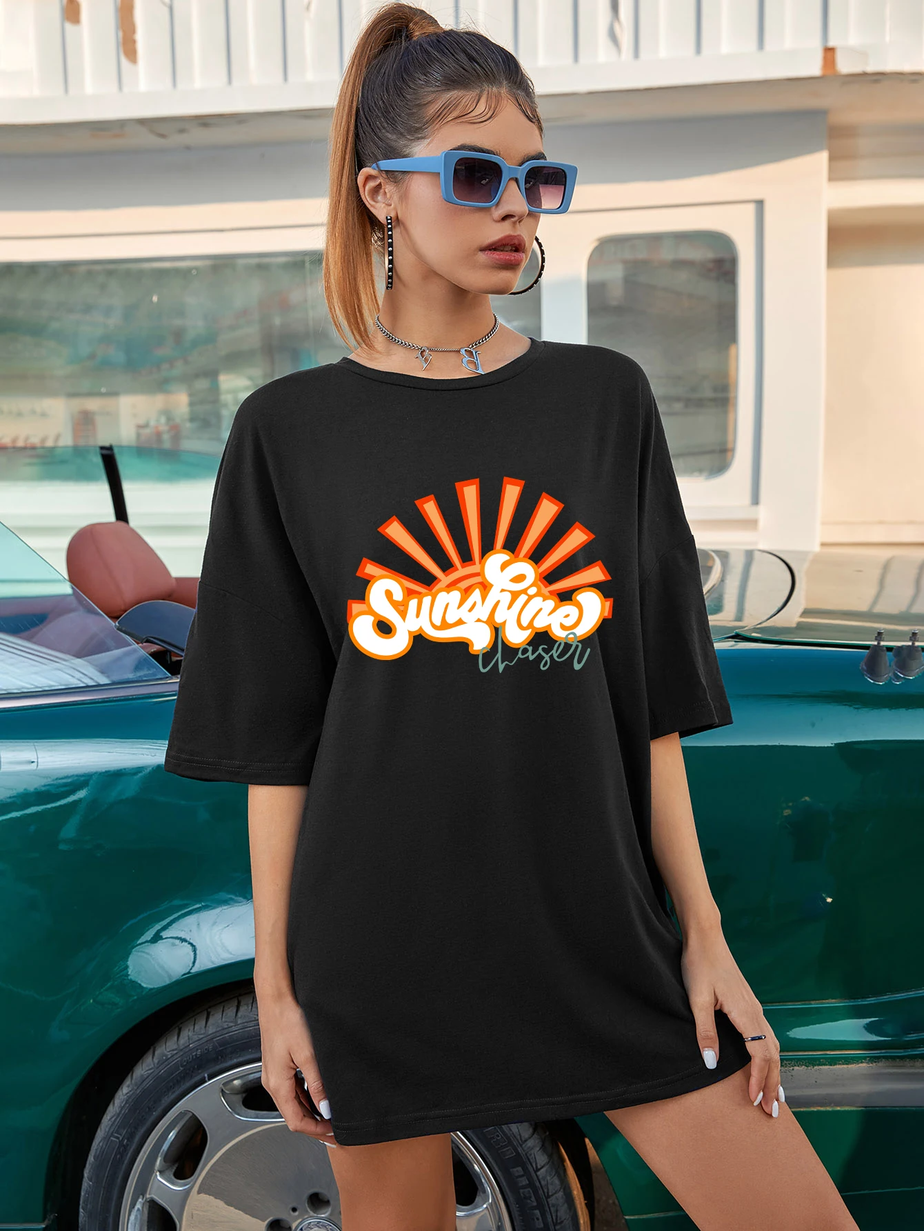 colored sunshine chaser oversized tshirt retro women graphic tee shirt