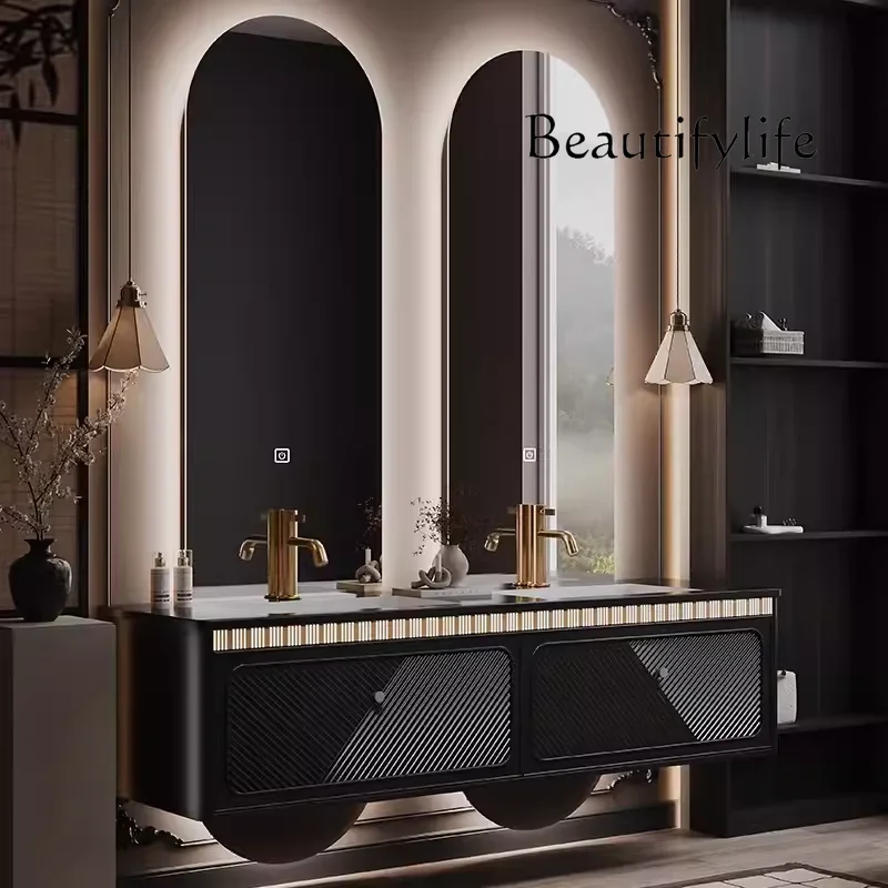 

Light luxury hotel style double basin bathroom cabinet combination French rock slab wash basin bathroom cabinet toilet washstand