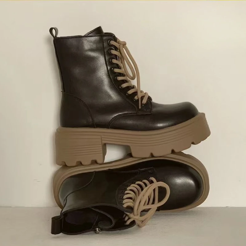 British Style Autumn Platform Shoes for Women Fashion Lace Up Round Toe Ankle Boots for Women Chunky Heel Ladies Short Boots
