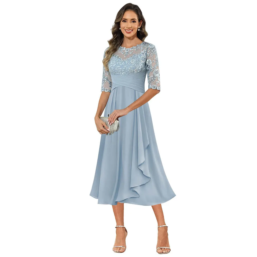 カスタマイズされた絶妙なレースアップリケの母の花嫁ドレス、ティーレングスシフォン、ティーレングスフォーマルイブニングパーティガウン2025