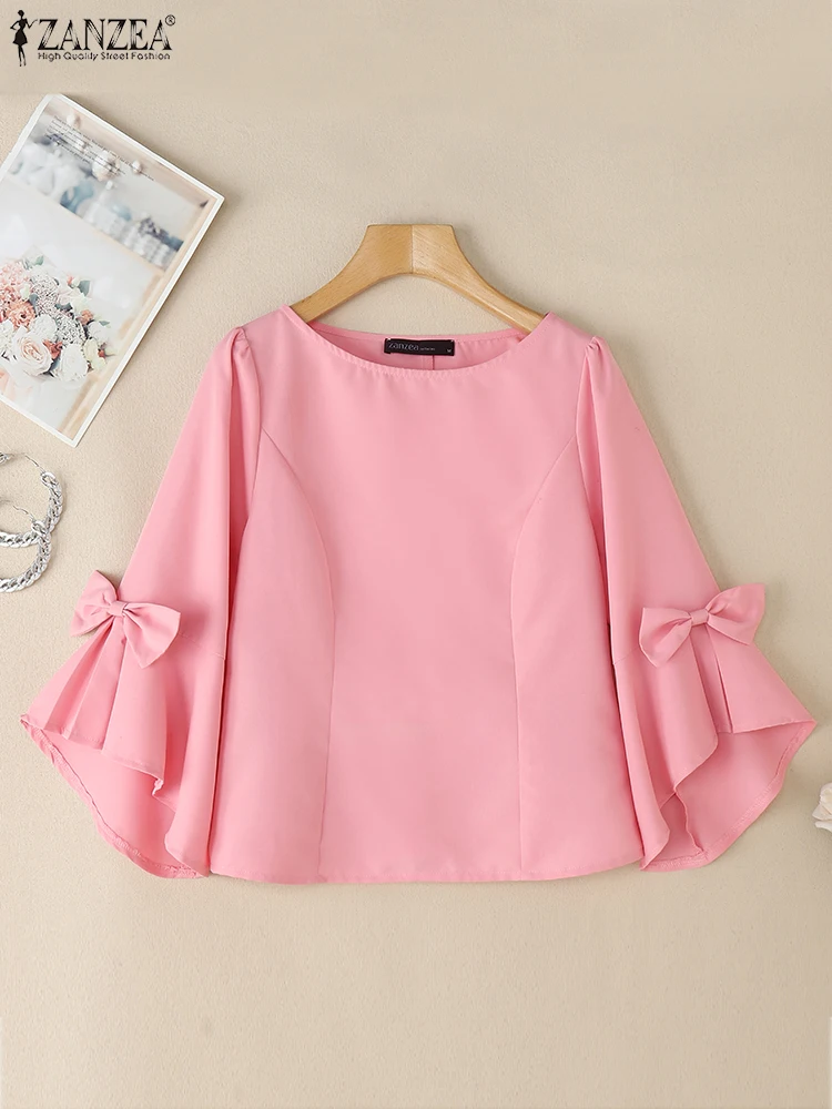 

ZANZEA Fashion Elegant Blusas Mujer 2025 Summer Commute Solid Side-Zipper O-Neck Blouses 3/4 Flare Sleeve Bow Detail Women Tops