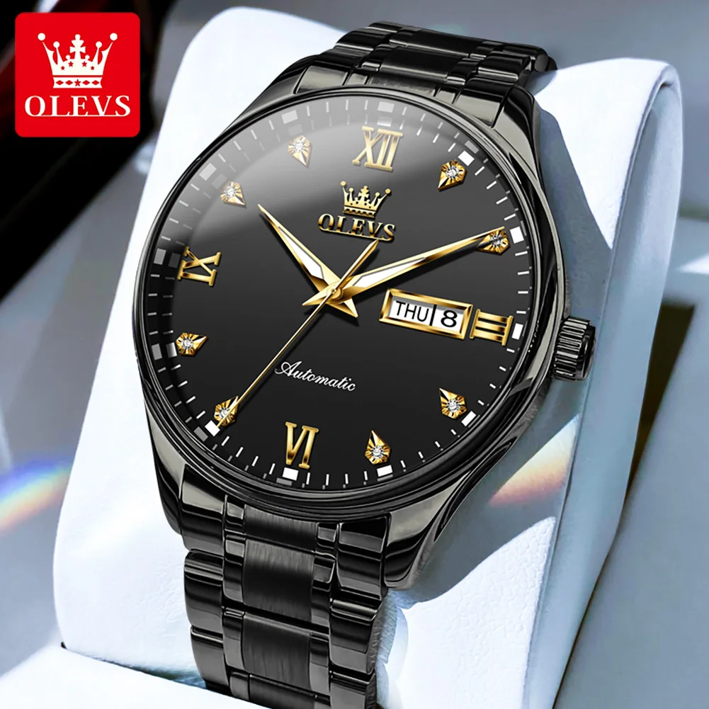 OLEVS 9955 Men\'s Watches Black Stainless Steel Automatic Mechanical for Men Calendar Week Business Dress Hand Clock NEW